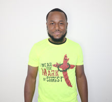 Load image into Gallery viewer, Kingdom apparel The Mark Stressed version tee - Neon Yellow. Copyright 2020 Newford Apparel, LLC