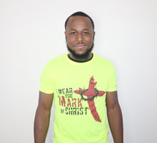 Load image into Gallery viewer, Kingdom apparel The Mark Stressed version tee - Neon Yellow. Copyright 2020 Newford Apparel, LLC
